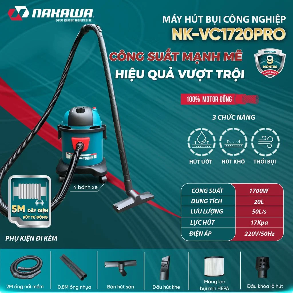 Máy hút bụi công nghiệp NAKAWA NK-VC1720PRO - 20 Lít
